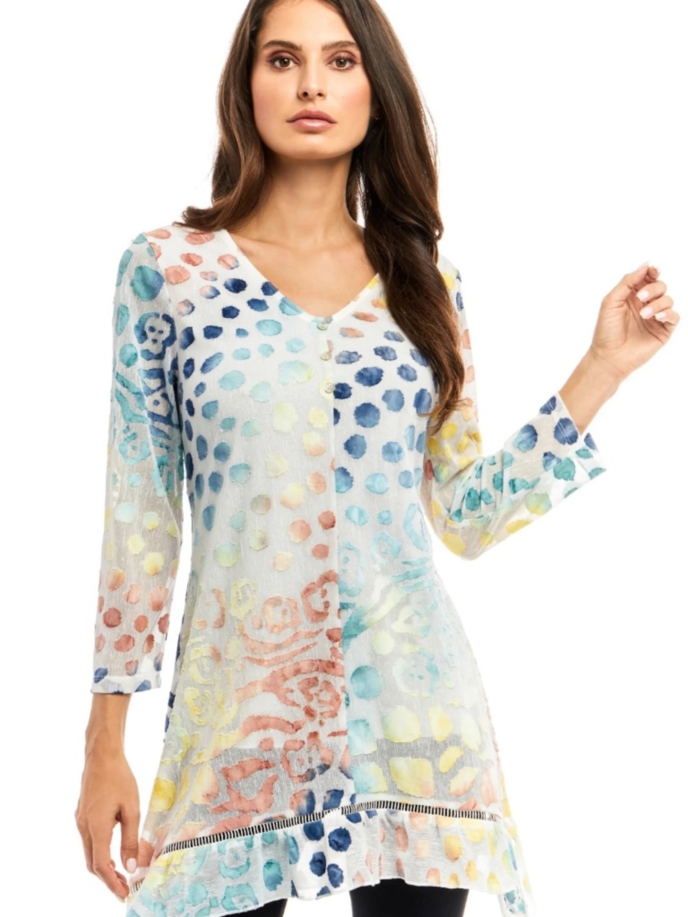 Adore Multi Colored Animal Print Burnout Tunic white blue embellished resort